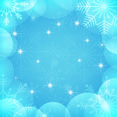 Winter vector background. Holidays greeting card. Light blue and white colors wallpaper with transparent snowflakes, bubbles, balls, stars. Vector illustration.