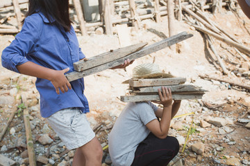 Poor children are forced to work construction, Violence children and trafficking concept,Anti-child labor, Rights Day on December 10.