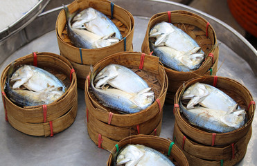 fresh mackerel in basket in market , Asia , Thailand
