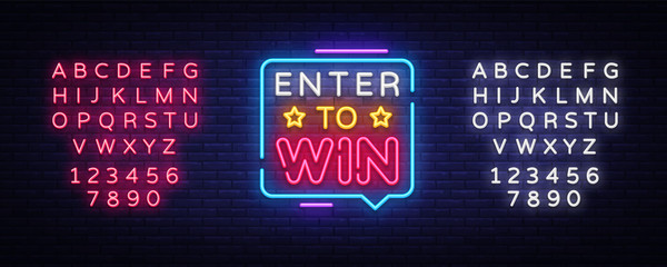 Enter to Win Neon Text Vector. Enter to Win neon sign, design template, modern trend design, night neon signboard, night bright advertising, light banner, light art. Vector. Editing text neon sign