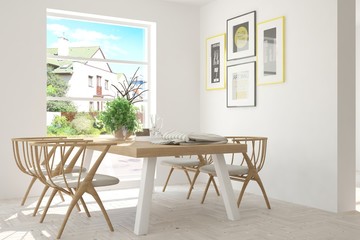 White dinner room with green landscape in window. Scandinavian interior design. 3D illustration