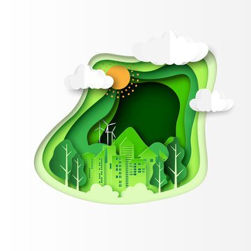 Green ecology and environment concept with urban city and nature landscape paper cut abstract background.Vector illustration.