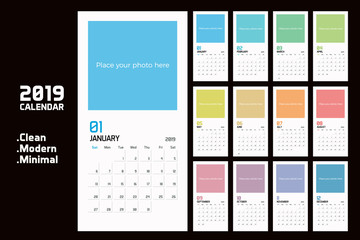 Modern, clean and minimal vertical Calendar Planner Template for 2019. Vector design editable template with different colors for each month