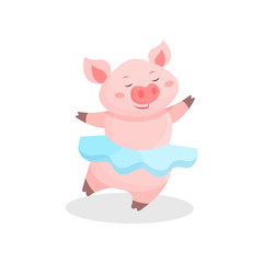 Obraz na płótnie Canvas Funny pig girl wearing skirt having fun, cute little piglet cartoon character vector Illustration on a white background