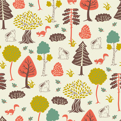 Fototapeta na wymiar Autumn Seamless Pattern with Cute Hand Drawn Animals and Trees.