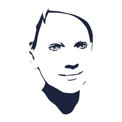Face front view. Elegant silhouette of a female head. Portrait of a happy smiled woman