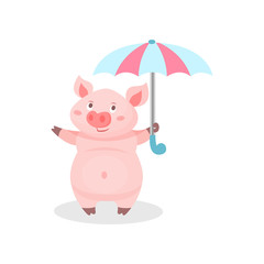 Funny pig standing with umbrella, cute little piglet cartoon character vector Illustration on a white background