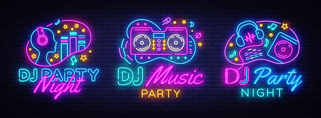 DJ Music Party neon sign collection vector design template. DJ Concept of music, radio and live concert, neon poster, light banner design element colorful, night bright advertising. Vector
