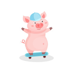 Funny pig riding skateboard, cute little piglet cartoon character vector Illustration on a white background