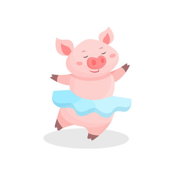 Funny pig girl wearing skirt having fun, cute little piglet cartoon character vector Illustration on a white background