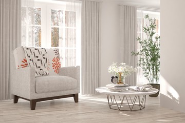 Inspiration of white minimalist room with armchair. Scandinavian interior design. 3D illustration