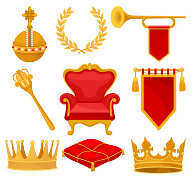 Monarchy attributes set, golden orb, laurel wreath, trumpet, throne, scepter, ceremonial pillow, crown, flag, heraldic symbols vector Illustration on a white background