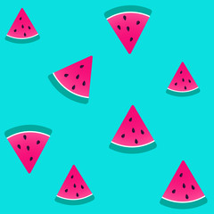 Vector colored pattern illustration of the big watermelon slice with seeds on bright green background