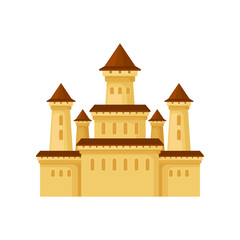 Flat vector icon of medieval palace. Yellow castle with conical roofs. Element for poster of children entertainment center