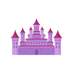 Naklejka premium Big fairy tale castle with high towers and conical roofs. Pink medieval fortress. Flat vector for children book