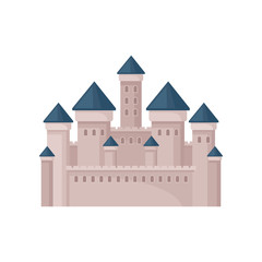 Royal fortress with towers and conical roofs. Large medieval castle. Flat vector for postcard, mobile game or children book