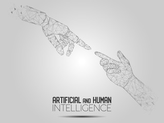 Robot and human touching hands vector polygonal background