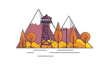 Vector Flat Art landscape outline stroke design, with fire lookout tower in autumn.