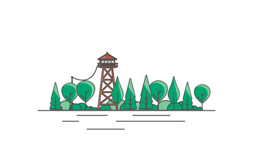 Vector Flat Art landscape with outline stroke design, with fire lookout tower