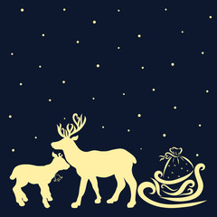 Obraz na płótnie Canvas Deer on a dark background, sleigh of Santa Claus, snowfall