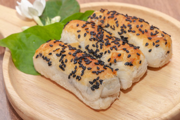 tao sor cake or moon cake in Phuket Thailand on wooden plate