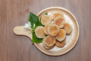 tao sor cake or moon cake in Phuket Thailand on wooden plate