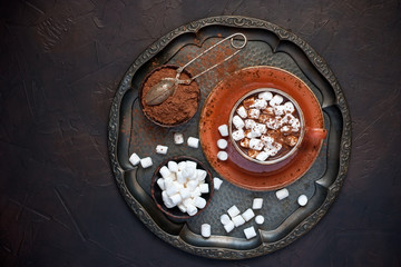 Homemade  hot chocolate in mugs   with marshmallow