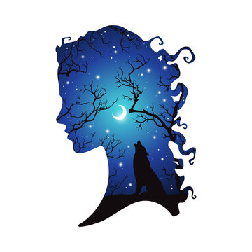 Naklejki Double exposure silhouette of beautiful woman with shadow of wolf in the night forest, crescent moon and stars. Sticker or tattoo design vector illustration. Pagan totem, wiccan familiar spirit art