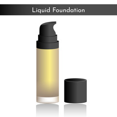 Vector illustration icon with bottle liquid matte foundation for making makeup to woman and text 