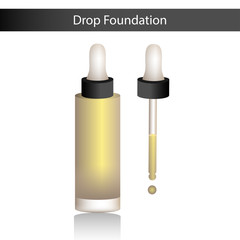 Vector illustration icon with bottle liquid matte foundation for making makeup to woman and text in the frame 