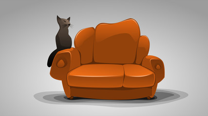 Black cat on a sofa. Vector illustration.