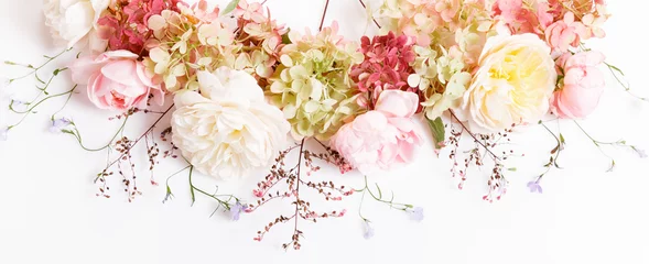 Papier Peint photo autocollant Fleurs Festive white pink flower English rose and hydrangea composition on the white background. Banner. Overhead top view, flat lay. Copy space. Birthday, Mother's, Valentines, Women's, Wedding Day concept.
