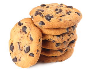 Chocolate chip cookies isolated on white background. Sweet biscuits. Homemade pastry.