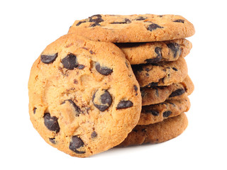 Chocolate chip cookies isolated on white background. Sweet biscuits. Homemade pastry.