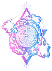 Fototapeta premium Magic brain labyrinth and jigsaw puzzle. Symbol of logic, education, solution of tasks, psychology, philosophies. Puzzle tattoo and t-shirt design art