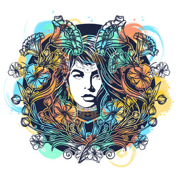Woman and art nouveau flowers tattoo watercolor splashes style t-shirt design
