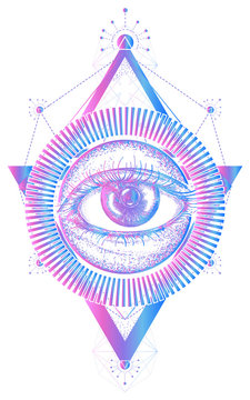 All seeing eye tattoo art vector. Freemason and spiritual symbols. Alchemy, medieval religion, occultism, spirituality and esoteric tattoo and t-shirt design