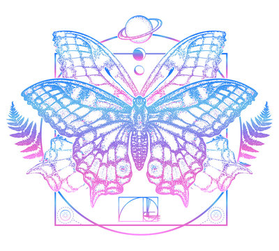 Butterfly in mystical circle t-shirt design. Symbol of magic, renaissance, esoterics, travel, soul. Butterfly tattoo art