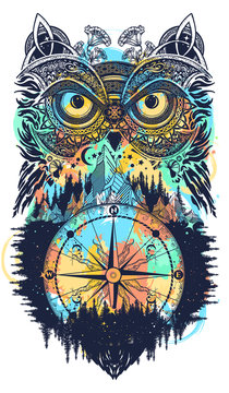 Owl and compass tattoo and t-shirt design. Symbol of meditation, thinking, tourism, adventure, wisdom