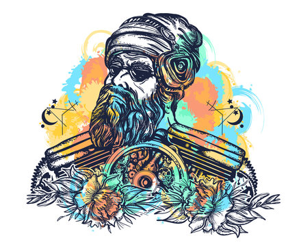 Biker tattoo watercolor splashes style. Bearded hipster in earphone listens to music. Symbol of pop music, hard rock, heavy metal, biker t-shirt design
