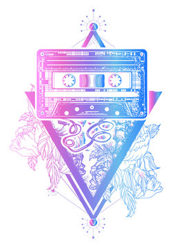 Music concept. Old audio cassette and roses flowers, symbol of pop music, disco. Audio type and graceful flowers in mystical triangle tattoo and t-shirt design. Symbol of retro music, nostalgia