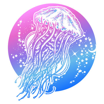 Jellyfish floats in deep space. Symbol of wandering, deep sea, travel, meditation. Magic jellyfish tattoo and t-shirt design