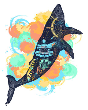 Magic whale tattoo art watercolor splashes style.  Double exposure animals t-shirt design. Symbol Travel, adventure tourism. Lighthouse and waves inside  whale