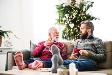 A senior father and adult son sitting on a sofa at home at Christmas time, talking.