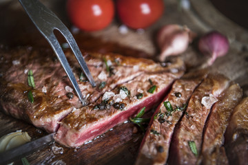 Medium rare piece of steak food photography recipe idea