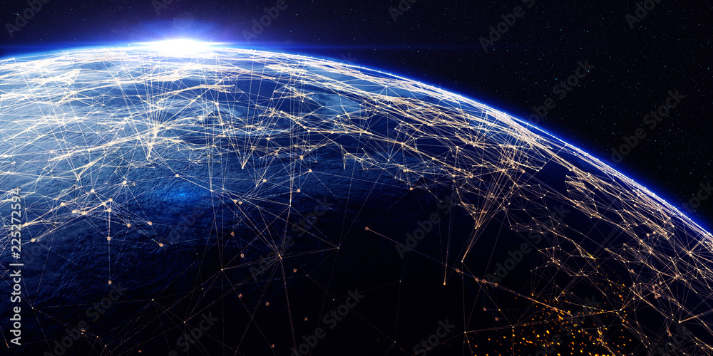 Aufkleber Earth from space at night with a digital communication system/Earth from space at night with a digital communication system. Some elements of the image provided by NASA. 3D rendering