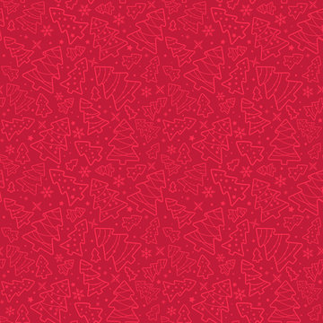 Vector seamless simple pattern with christmas fir trees, snowflakes, stars. Elegant holiday red background for printing on fabric, paper for scrapbooking, gift wrap and wallpapers.