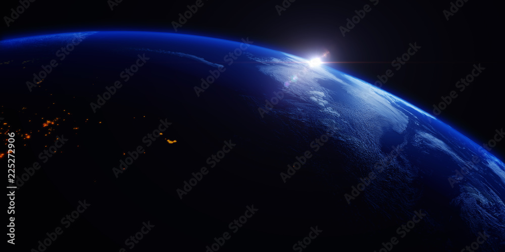 Poster A view of the Earth from outer space/3D Rendering rotating planet Earth with a sun-baked side and a dark side with the lights of cities. Some elements of the image provided by NASA