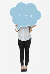 Woman holding a speech bubble symbol