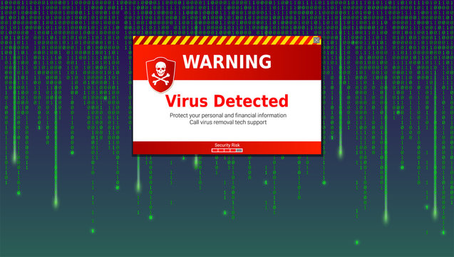 Alert message of virus detected. Scanning and identifying computer virus inside binary code listing of matrix. Template for concept of security, programming and hacking, decryption and encryption.